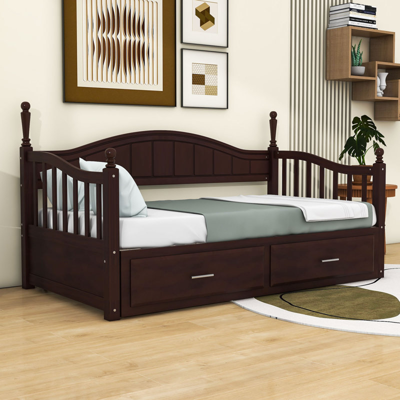 Twin Daybed with Trundle and 2 Drawer Storage MDF Daybed, Espresso