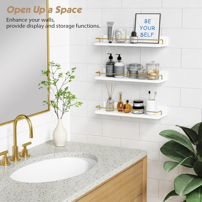 Ensemble de 3 tablettes flottantes au-dessus de la toilette, Blanc / Doré