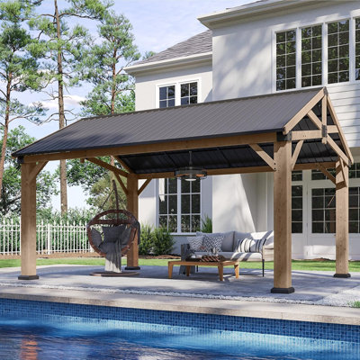 Pavillon de jardin extérieur en bois 12 pi x 16 pi avec ventilateur de plafond de 20 po avec lumière, pavillon de pavillon permanent en bois avec toit à pignon en acier galvanisé, pour patio, jardin, terrasse, bois de cèdre