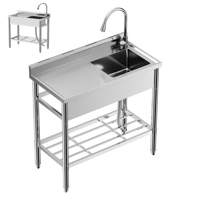 Stainless Steel Utility Sink, Free Standing Single Bowl Commercial Kitchen Sink with Faucet, Hot and Cold Water Pipe, Storage Shelf for Garage, Restaurant, Laundry, 47" x 20" x 37"