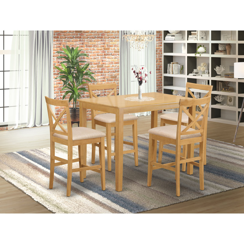 Ensemble de table de salle à manger à hauteur de comptoir 5 pièces comprenant une table de salle à manger rectangulaire et 4 chaises rembourrées en tissu de lin, chêne