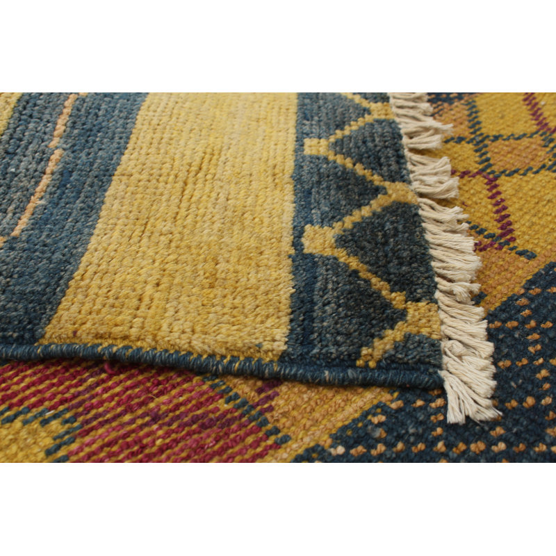 Tapis unique en laine noué à la main jaune et bleu 9 pi 2 po x 11 pi 9 po années 2010 Arelli