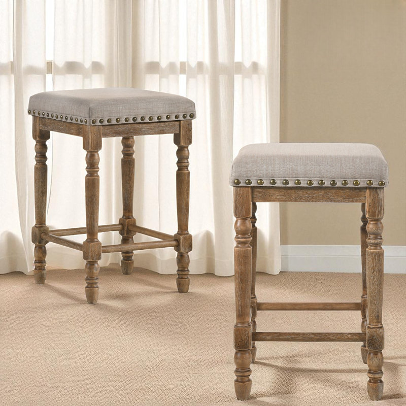 Rustic Farmhouse Counter Height Wooden Bar Stools With Upholstered Seats And Nailhead Trim – Set Of 2