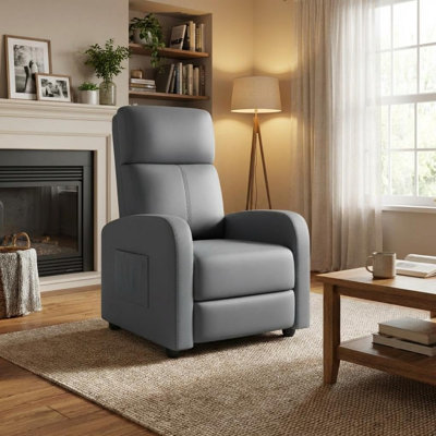 Recliner Chair, Leather Recliner Sofa for Adults, Lazy Recliner with Ergonomic, Adjustable Push Back Single Sofa, with Side Pocket, Tall Back & Padded