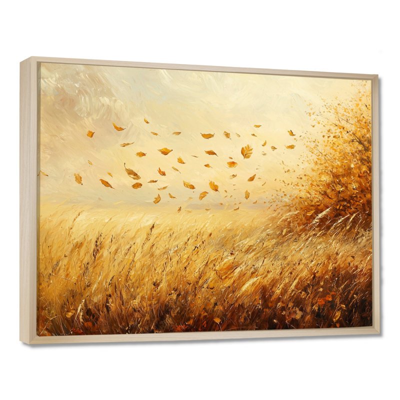 Autumn Windy Prairie Leaves II - feuilles, art mural, Brun, H 16 po x l 32 po, Floater Framed