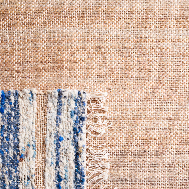 Makensy Hand Woven Jute/Wool/Cotton Striped Rug in Brown/Navy Blue, Rectangle 6' x 9'