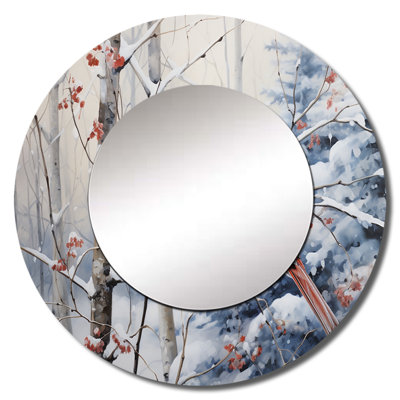 Canada Red Cardinal Bird Winter Wonderland I - Canada Decorative Mirror, Traditional Large Round Wall Mirror, Printed Metal Art