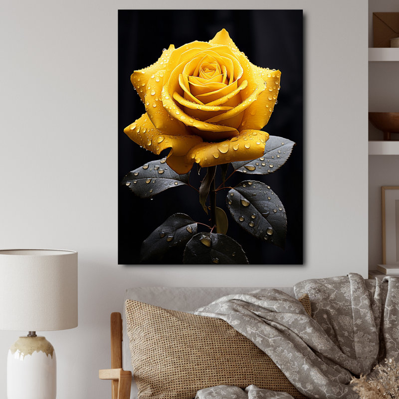 Danail, jaune, noir, rose, élégance III - fleurs, art mural, Toile tendue, H 32 po x l 16 po x P 1 po