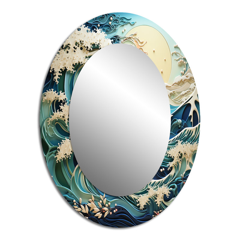 Teal White Ocean Rhapsody - Coastal Oval Decorative Mirror On Metal, 40" x 30"