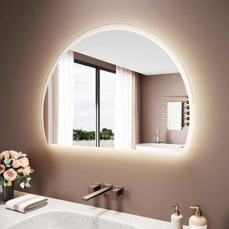 Half Circle LED Bathroom Mirror, Anti-Fog 3 Color Dimmable Touch Wall Vanity Mirror, 100*70cm,Semicircular Bathroom Mirror