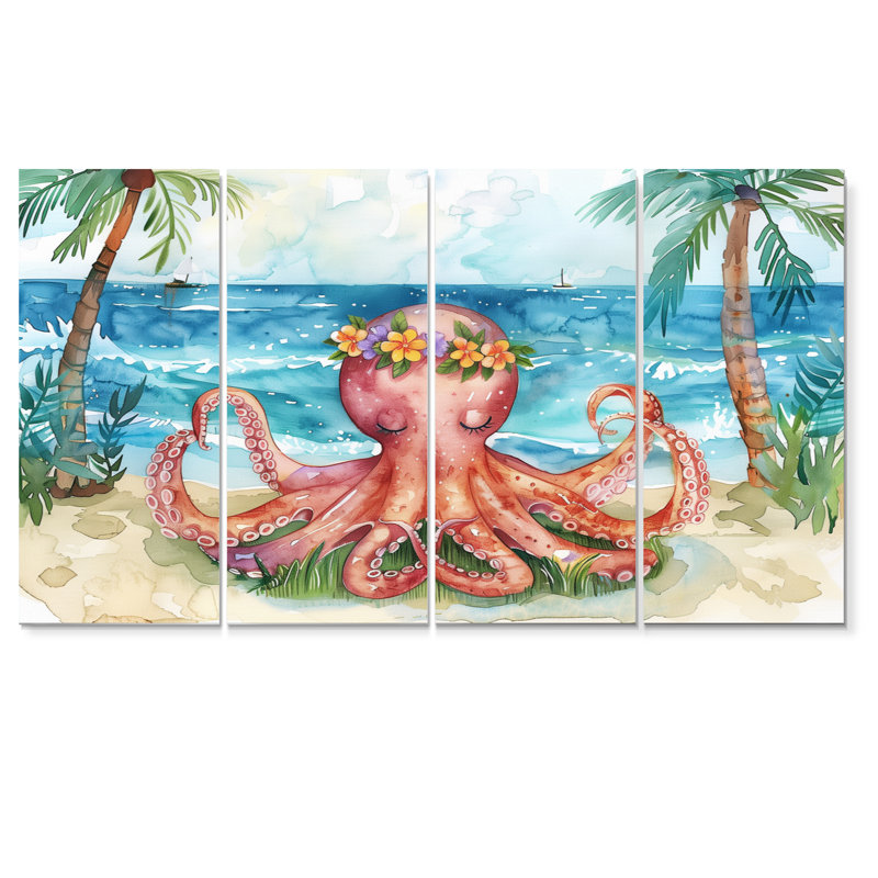 Pieuvre méditant sur la plage à Hawaï - ensemble de reproductions d'art mural pieuvre / calmar, H 32 po x l 64 po