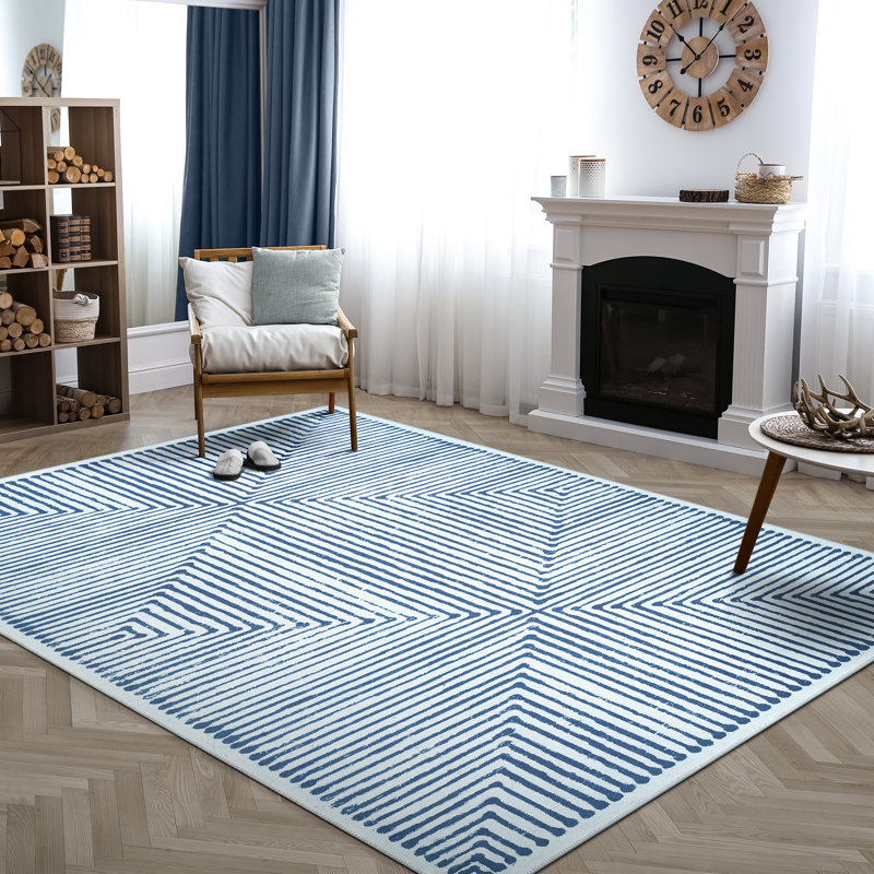  Washable Non-Slip Rug - Blue / Ivory Striped Area Rug for Living Room, Bedroom, Dining Room, and Kitchen, Rectangle 3' x 5'