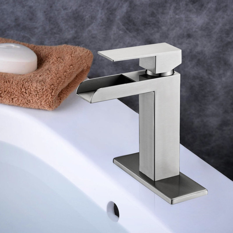 Brushed Nickel Waterfall Bathroom Tap - Single Handle With Deck Plate & Overflow Pop-Up Drain Stylish Sink Faucet Pop Up