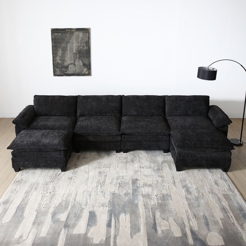 157" Wide U Shaped Chenille Sectional Cloud Sofa Couch for Living Room, Black Chenille