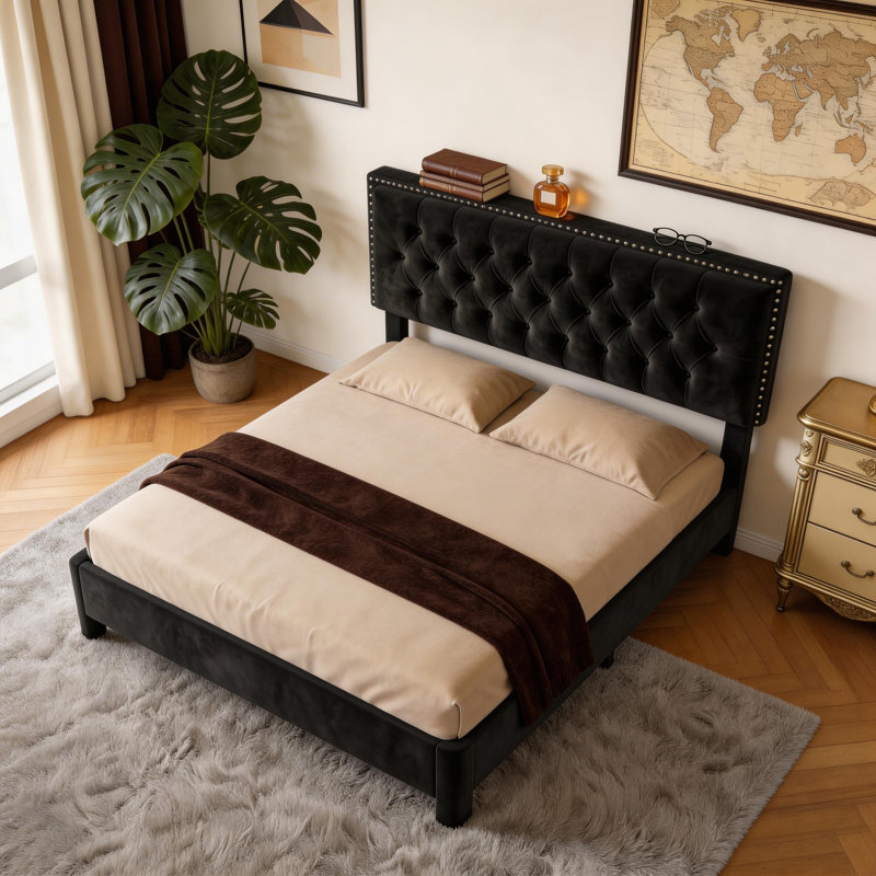 Queen Size Bed Frame With Headboard, Upholstered Platform Bed Frame, Button Tufted Bed Frame Queen, Wooden Slat Support, No Box Spring Needed, Easy Assembly, Black