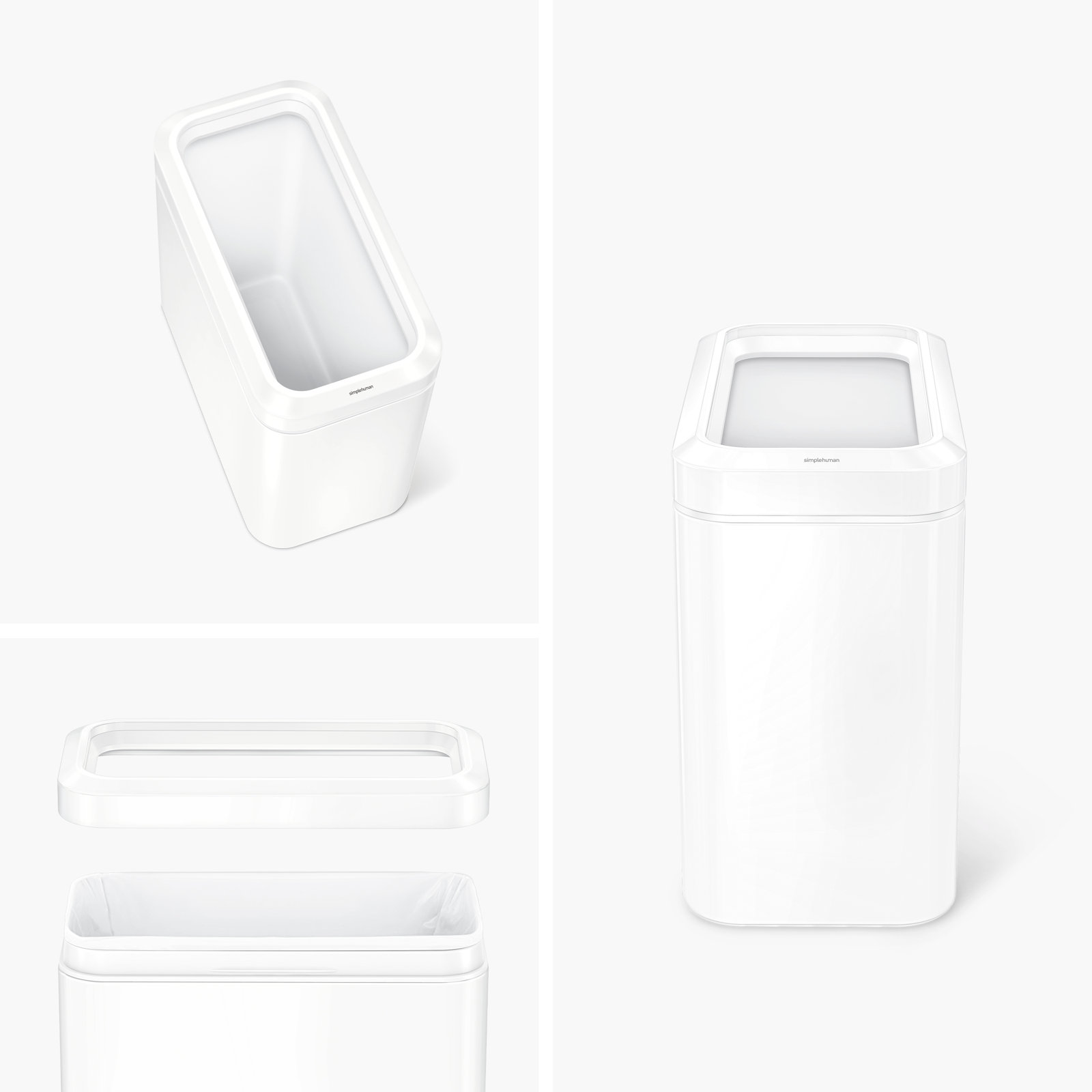 simplehuman 25 Liter / 6.6 Gallon Slim Open Commercial Trash Can, Brushed Stainless Steel, White