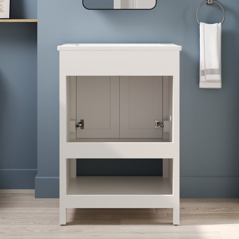 24" White Solid Wood Freestanding Bathroom Vanity with Ceramic Sink