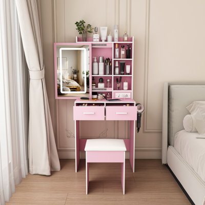 Petit meuble-lavabo rose avec miroir lumineux, station de charge et tabouret, coiffeuse moderne