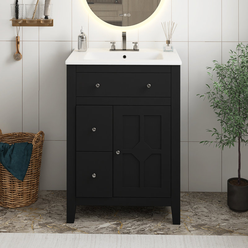 Meuble-lavabo moderne noir de 24 po avec lavabo en céramique et 2 tiroirs avec porte à fermeture en douceur, Noir