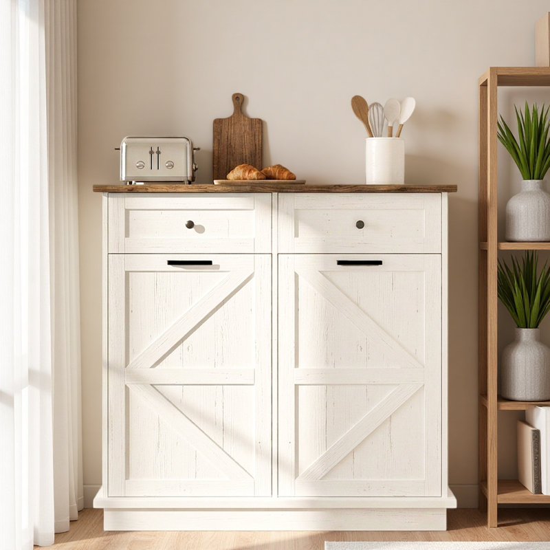 Double armoire à poubelle basculante, armoire à poubelle pour cuisine avec 2 tiroirs de rangement, armoire de recyclage autoportante