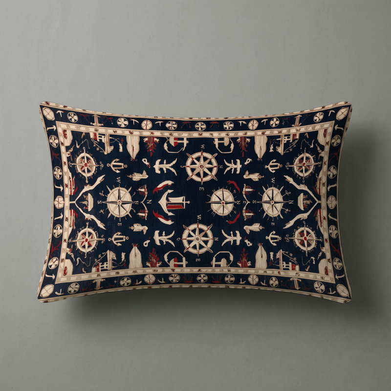 Nautical Indoor and Outdoor Pillow, Black Mediterranean Maritime, Rectangle 25" x 18"