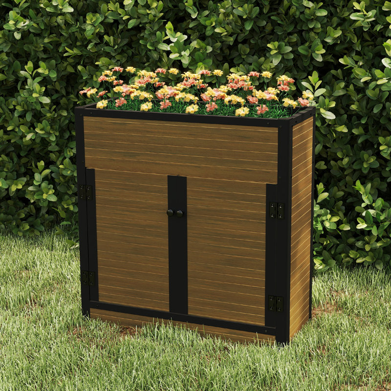 Armoire de jardin surélevée avec compartiments de rangement supplémentaires, boîte à fleurs en composite, Brun