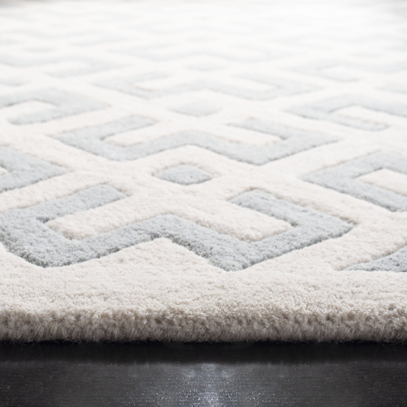 Sanyiah Geometric Handmade Tufted Wool Grey/Ivory Area Rug, Rectangle 8' x 10'