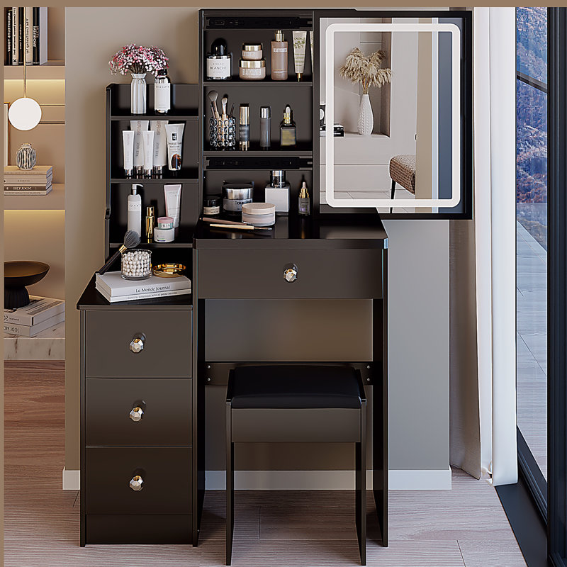 Petite coiffeuse 29,2 po avec tabouret de chevet gauche + grand tabouret rembourré, commande tactile, interrupteur tricolore, miroir à luminosité réglable, rangement grande capacité, convient aux petits espaces