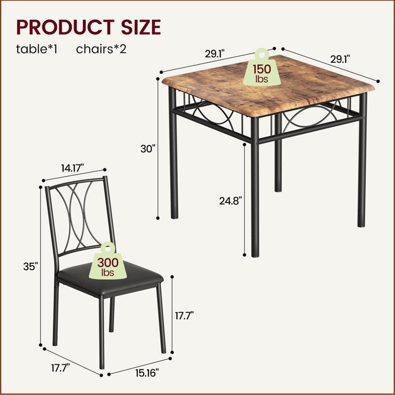 3 Pcs Dining Table Set For 2 For Apartment, Compact Kitchen Table Set With 2 Wooden Chairs, Farmhouse Bistro Table Set Breakfast Nook Table Set For Small Spaces, Dining Room