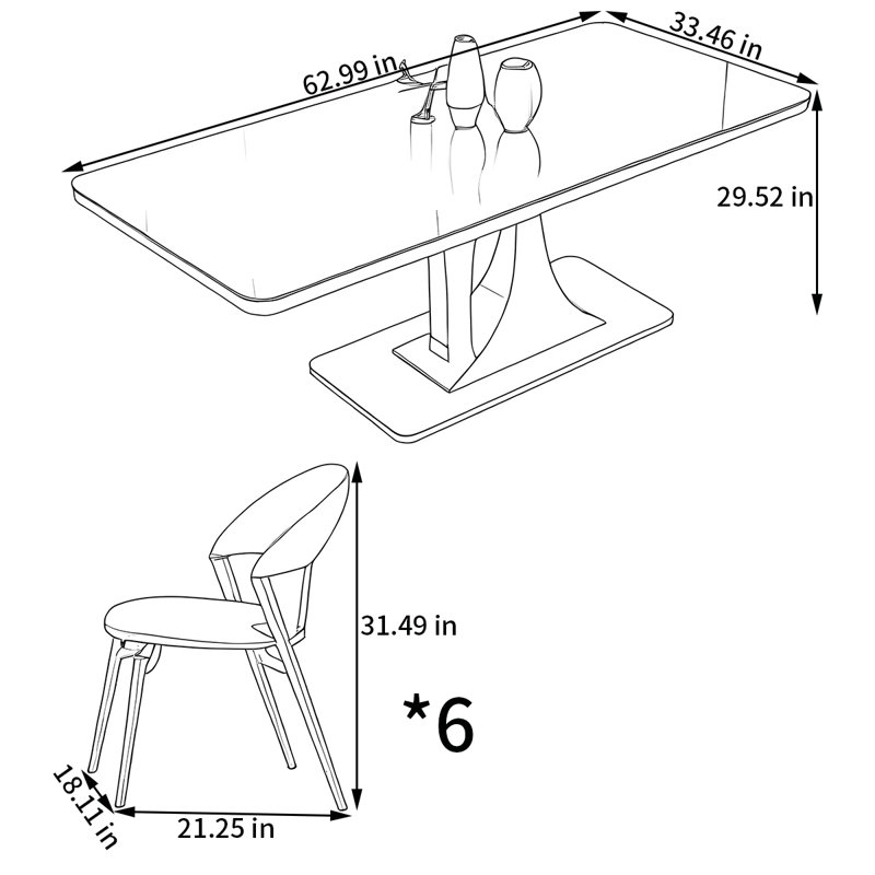 Ensemble de table de salle à manger rectangulaire et chaises, H 29,52 po x L 62,99 po x l 33,46 po