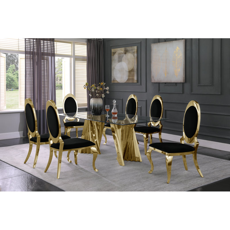 Sunglow 6 - Person Glass Top Double Pedestal Dining Set, Gold, Black