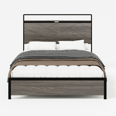 Metal Full Size Bed Frame With Storage, Led Lighting, Type - C Charging, Artistic Retro Design, And Quiet Lit Headboard, Under 2 Ports, Stable Quiet, No Spring Needed