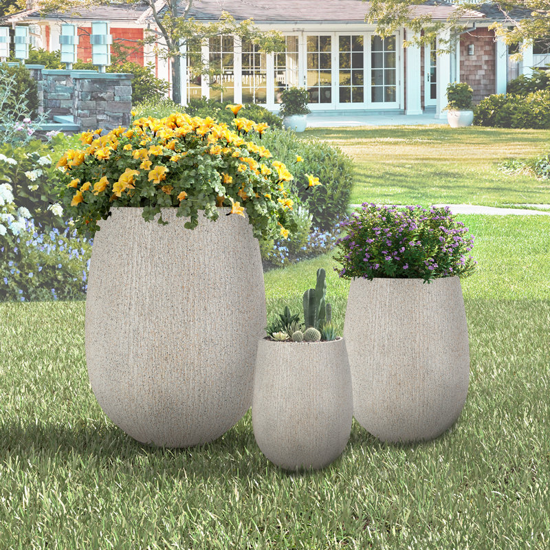 Ensemble de 3 pots à fleurs en forme d'œuf avec trous de drainage et bouchon en caoutchouc, Gris