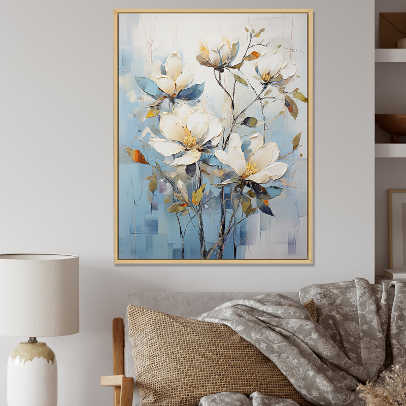 «Blue and White Magnolias Flowers Harmony» sur toile, Cadre naturel flottant, H 40 po x l 30 po x P 1,5 po