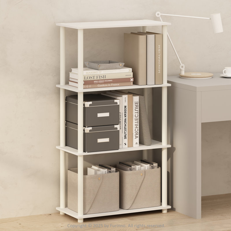 Walcott 3-Tier Multipurpose Bookcase, Shelf Display Rack with Square Tube, Beech/White, (4 Shelves) 43.5"H x 23.6"W x 11.6"D