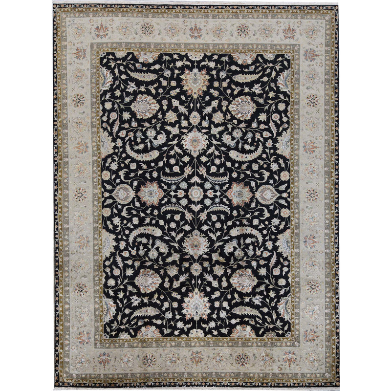 Tapis noir et ivoire de haute qualité noué à la main
