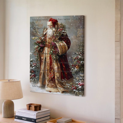 Toile, une majestueuse personne âgée habillée en père Noël au milieu d'un art mural, paysage d'hiver serein entouré de neige