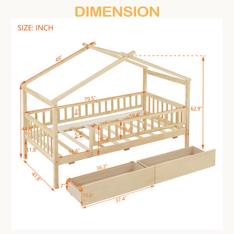 Twin Size Wooden House Bed With Two Drawers, Natural
