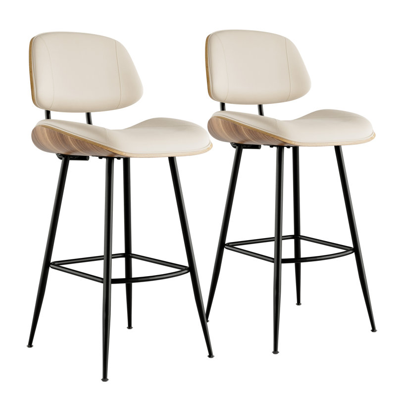 26.7'' PU Leather Upholstered Counter Stools with Walnut Backs & Seat and Metal Legs, Beige