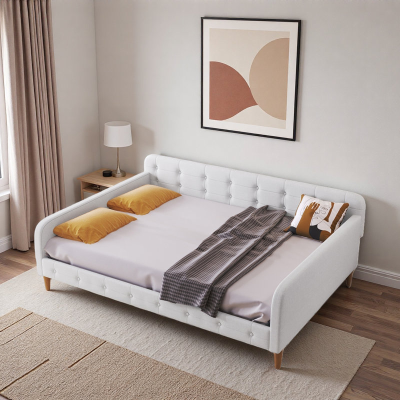 Modern Upholstered Daybed With 4 Support Legs And Button Tufted Design, Full, Beige