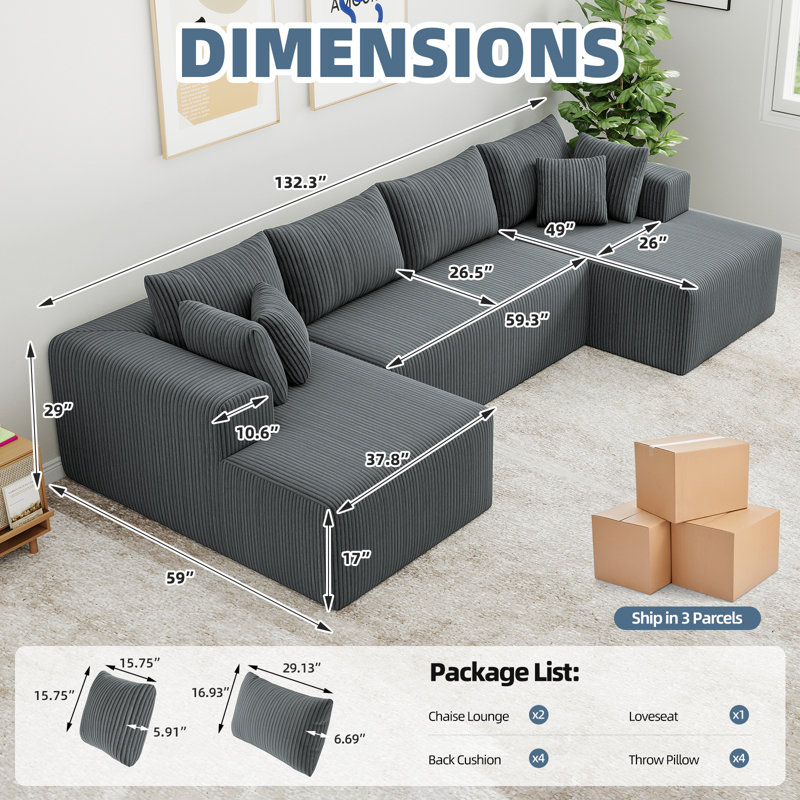 Boneless 132'' Modular Boneless Couches For Living Room, Corduroy Deep Seat Sofa With 2 Chaise Lounges And 1 Loveseat, Gray