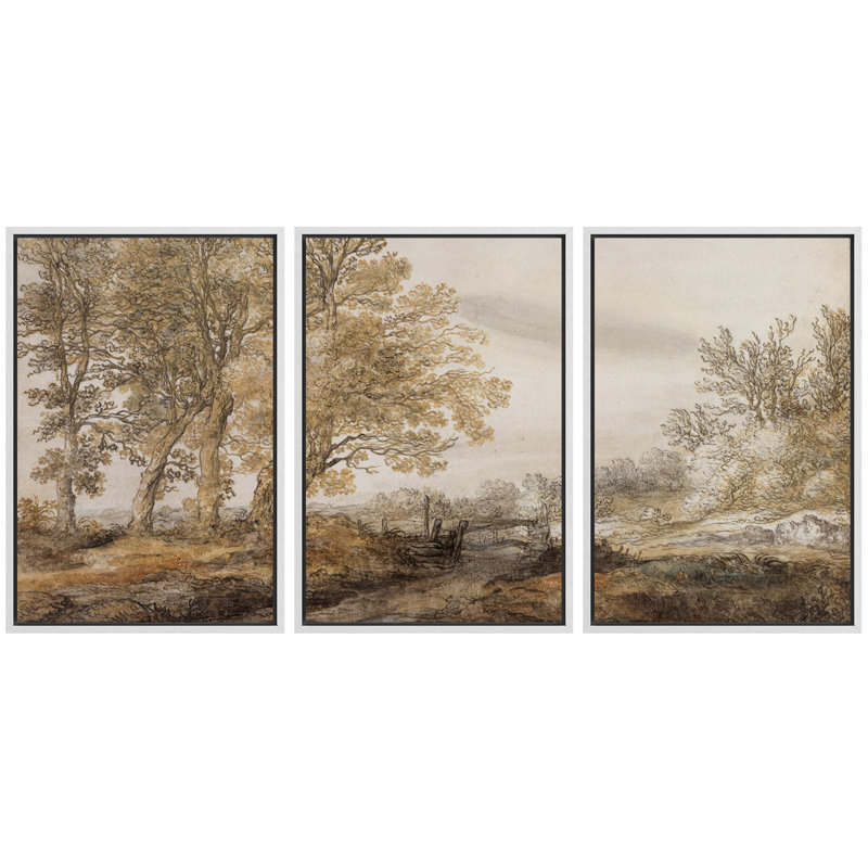 «Pastoral Elegance Golden Age Landscape Nature Wilderness Illustration Decor Panoramic Earth» 3 pièces, Cadre blanc