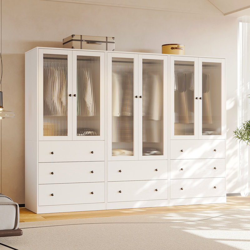 20"D x 94.5"W x 71"H Modern Armoire With Soft-Close Doors — Fluted Glass Wardrobe Closet With Shelves & Drawers, White