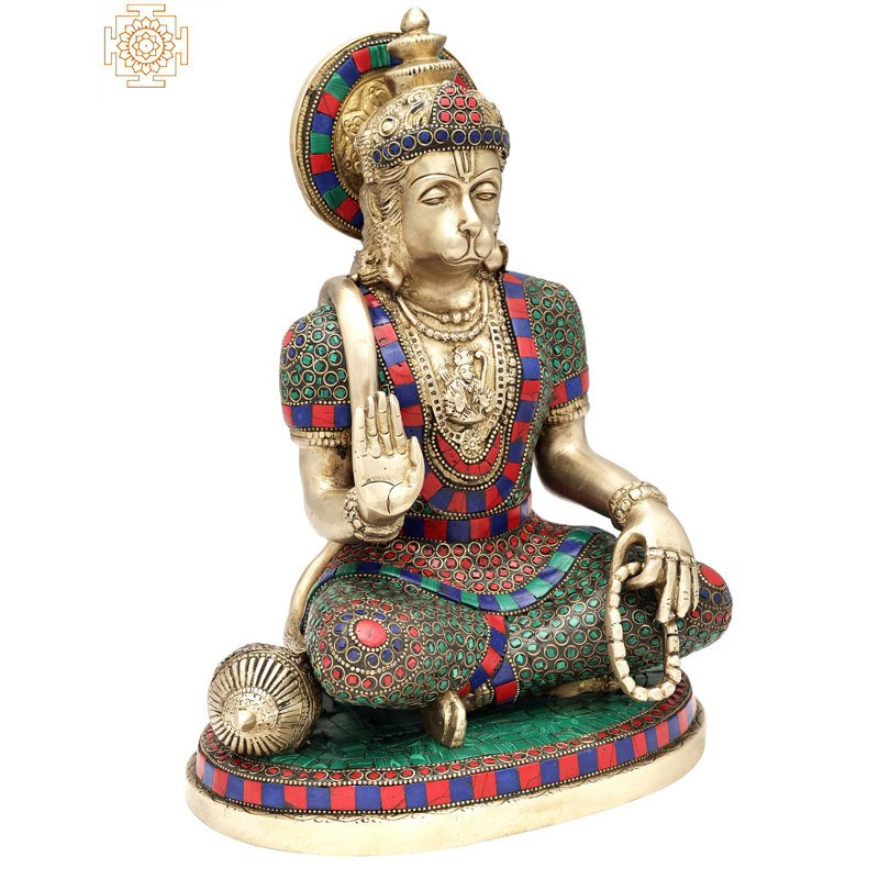 Magnifique Hanuman incrusté de pierre de 12,5 po avec lord Rama résidant dans sa commode | Fait à la main | Statue de lord Hanuman