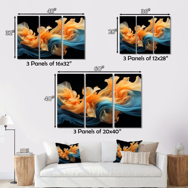 Abstrait, art mural à l'encre liquide orange turquoise et turquoise, H 28 po x l 36 po x P 1 po
