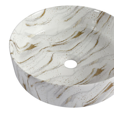 Vasque à poser en céramique pour salle de bain, couleur blanc et or, cuisson haute température, entretien facile, 40 cm de largeur, 12 cm de hauteur, vasque ronde de qualité, émail de qualité, finition soignée, large.