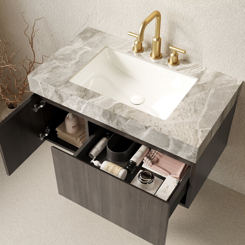 Meuble-lavabo 36 po, comptoir en granite et lavabo en céramique avec 3 trous pré-percés, Gris, 36"