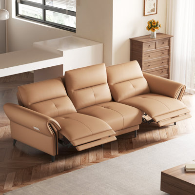 Roanoke 112.5 Inch Genuine Leather Power Reclining Sofa Dual Motor Electric Couch with USB Ports and Pillow Arms Living Room