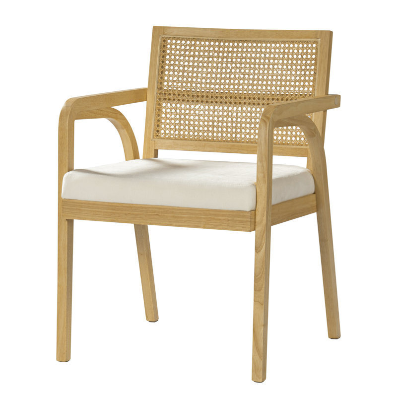 Chaises de salle à manger rembourrées Kelric Japandi avec structure en bois d'hévéa et dossier en rotin naturel pour salle à manger
