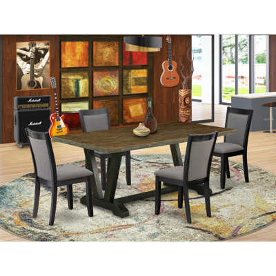 5-Piece Modern Table Set Consists of a Distressed Jacobean Mid Century Table and 4 Shitake Linen Fabric Parsons Chairs with High Back - Wire Brushed Black Finish